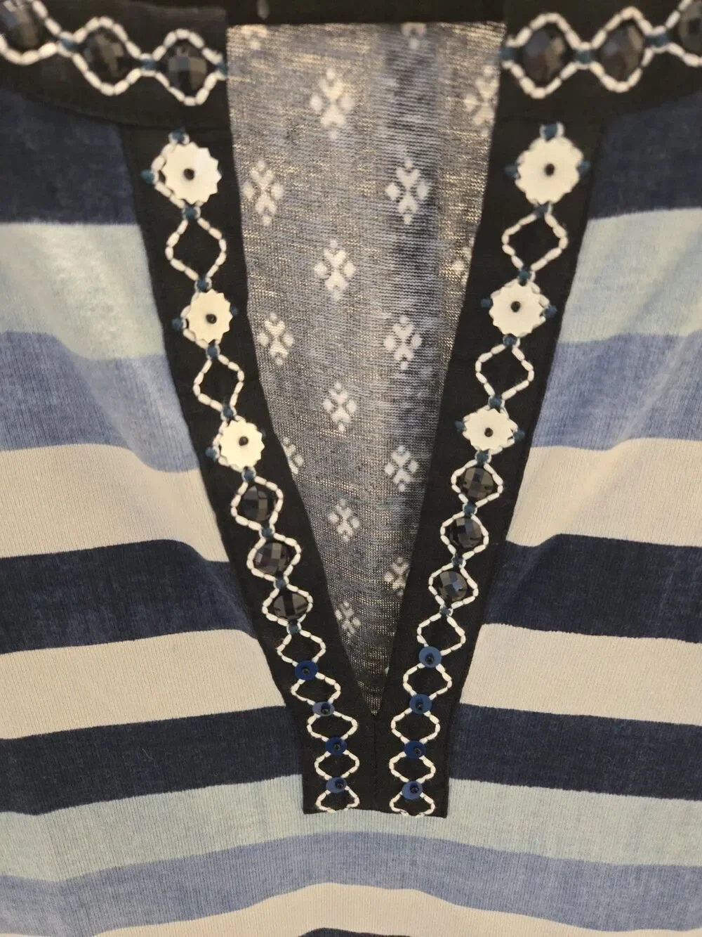 Tory Burch Navy and Light Blue Striped Embroidered Split-Neck Top